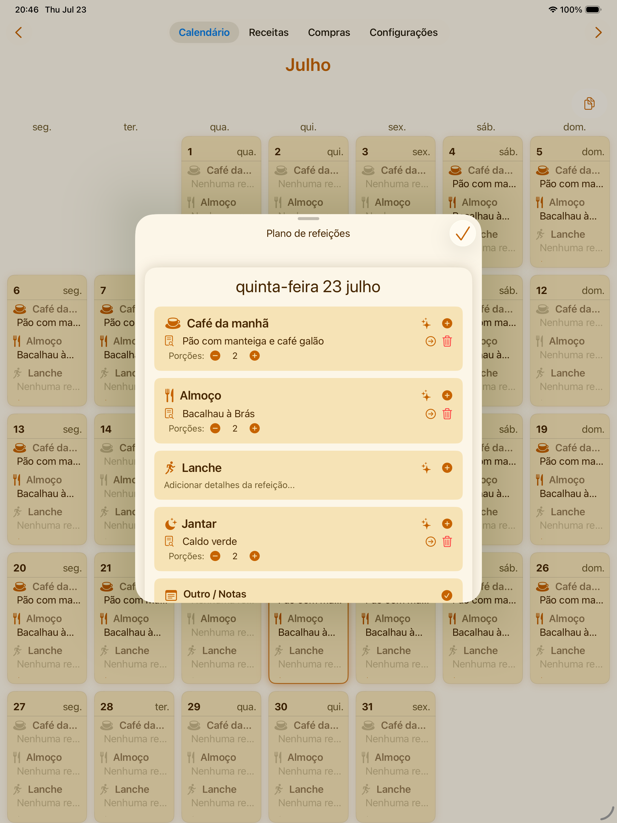 Calendário semanal de refeições do PlanPot no iPad
