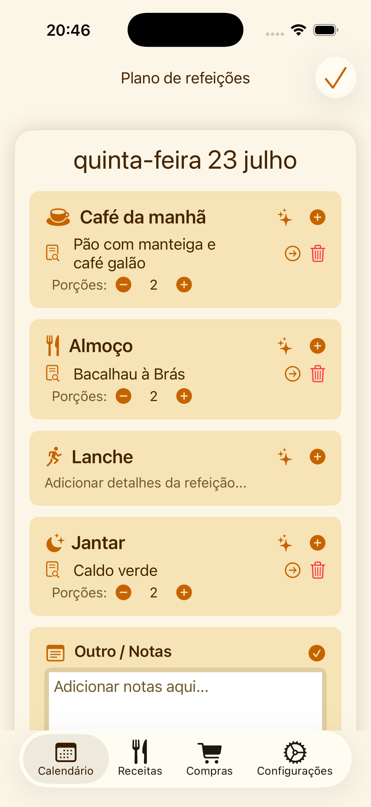 Calendário semanal de refeições do PlanPot no iPhone