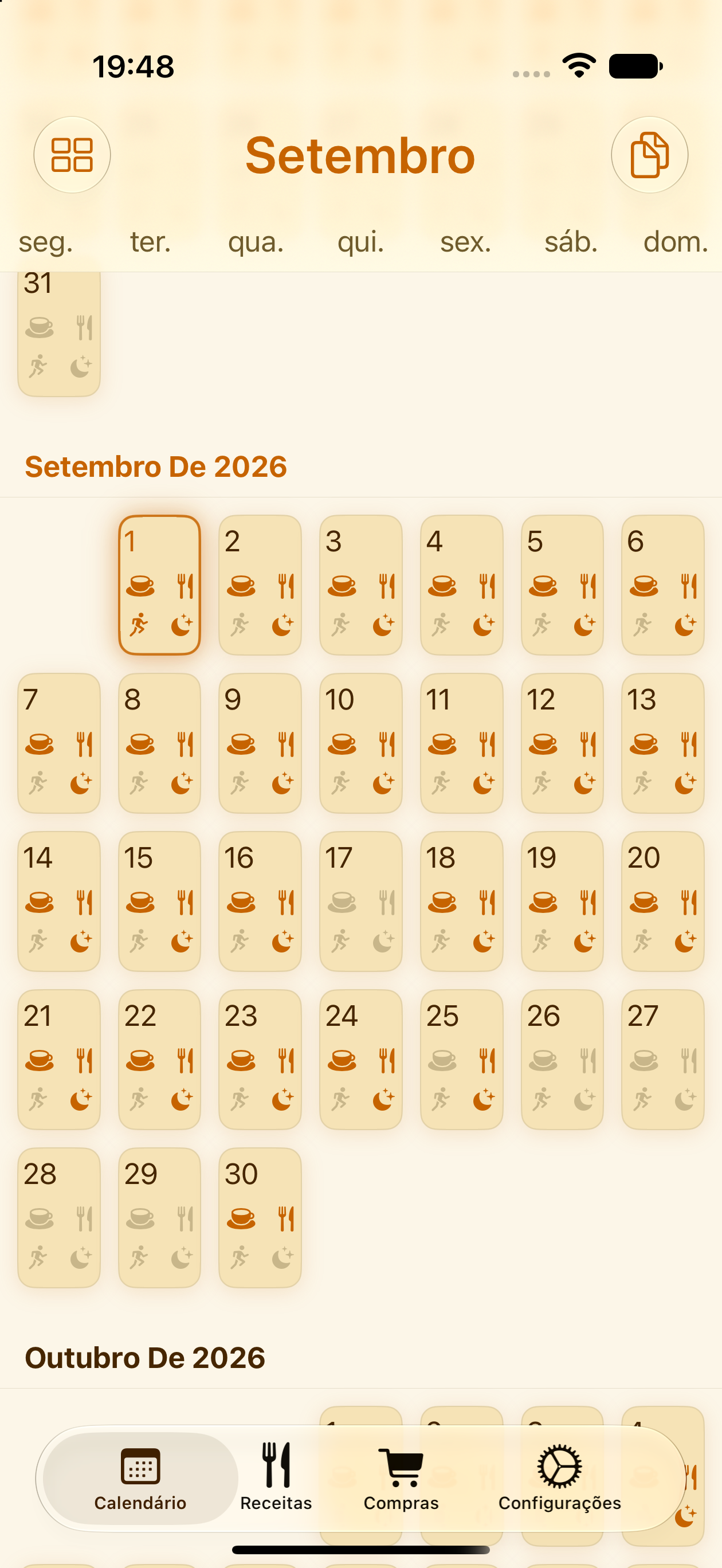 Vista do calendário mensal de refeições do PlanPot no iPhone