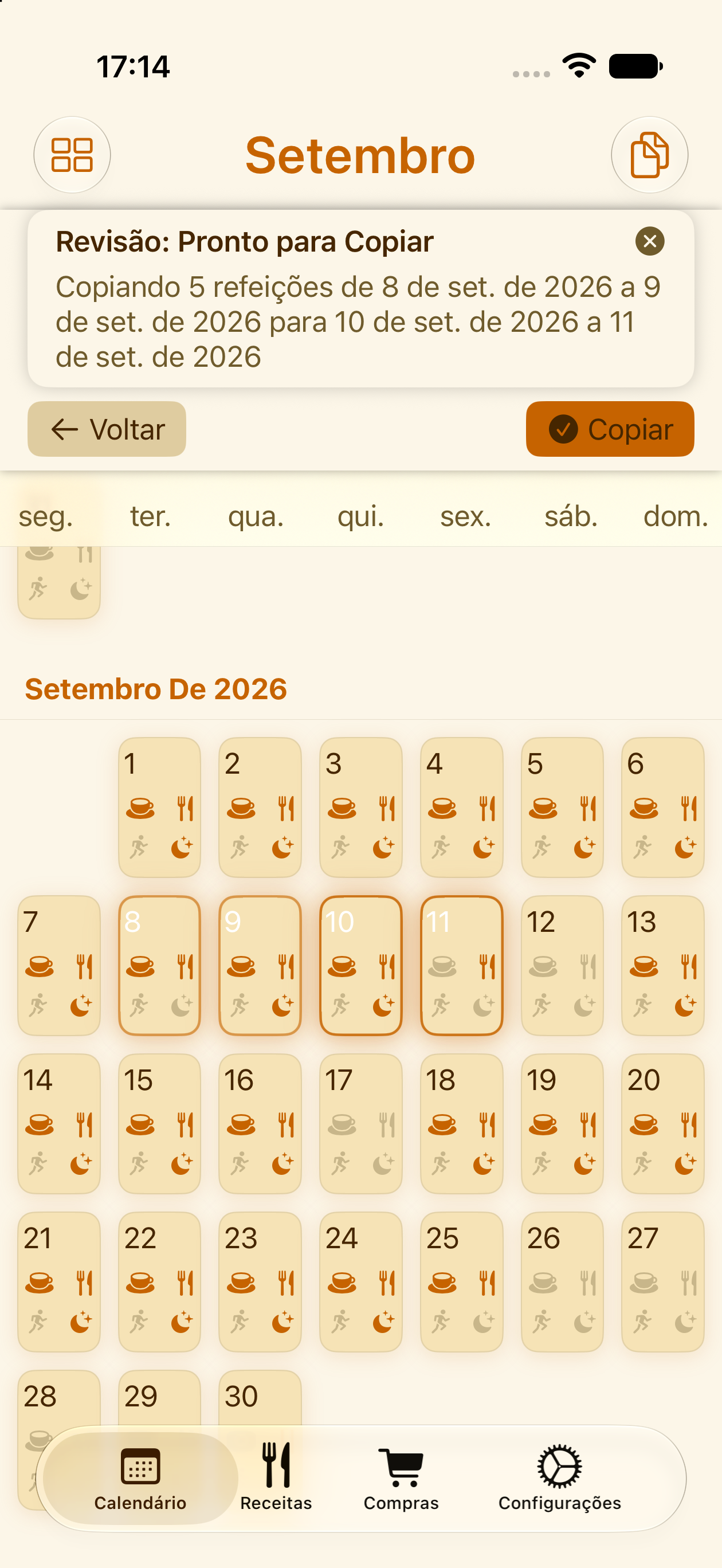 Copiando uma semana de refeições para um novo período no PlanPot