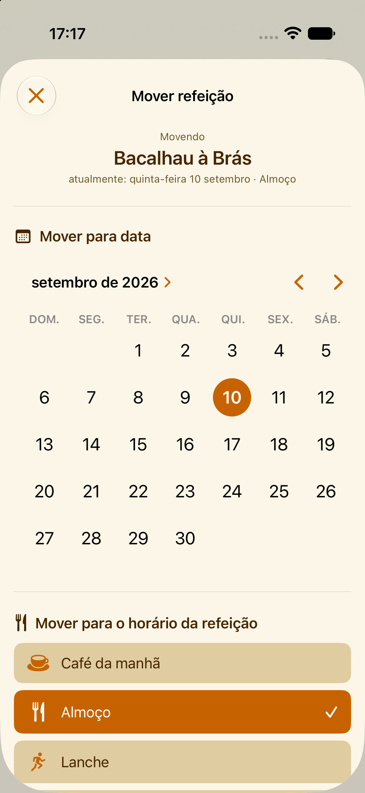 Movendo uma refeição planejada para outro dia no PlanPot