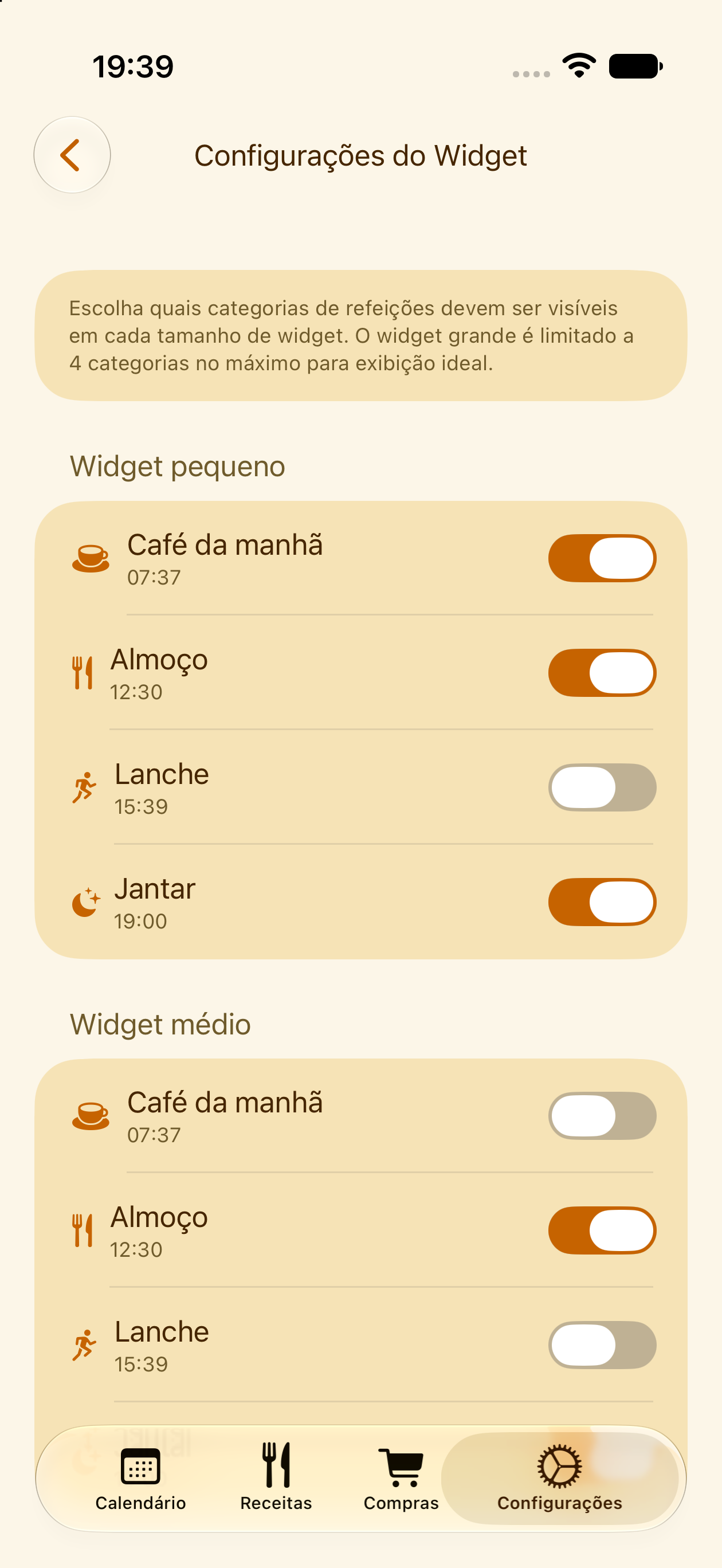 Definições de visibilidade dos widgets no PlanPot