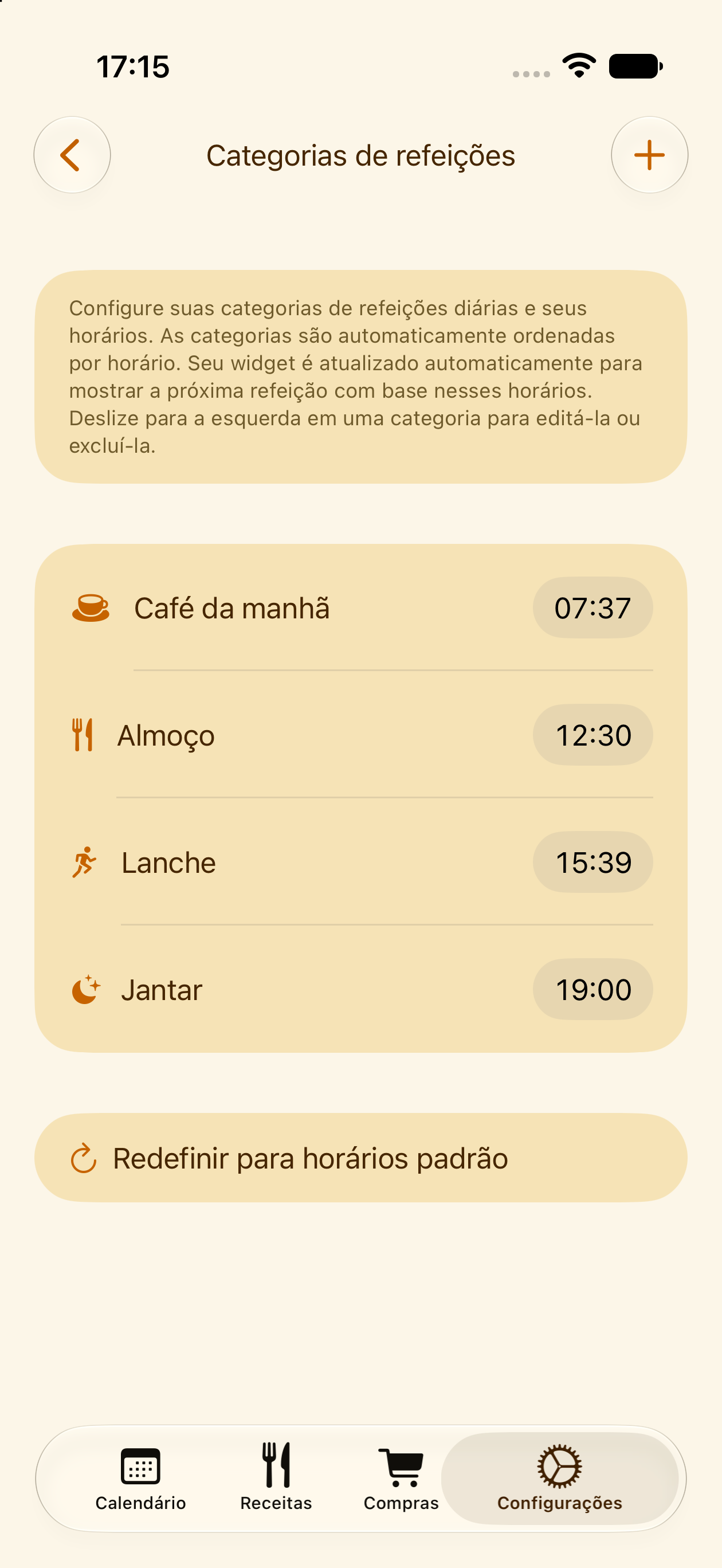 Categorias e horários de refeições personalizados no PlanPot